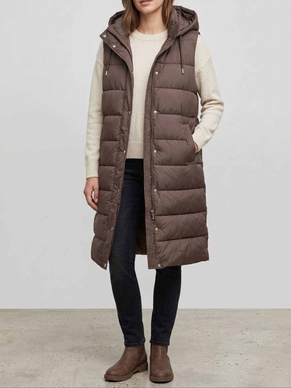 NWT Long Hooded Puffer Vest Chocolate Brown Quilted Sleeveless Jacket - Small